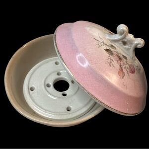 Antique pink floral stoneware butter dish with lid and drain